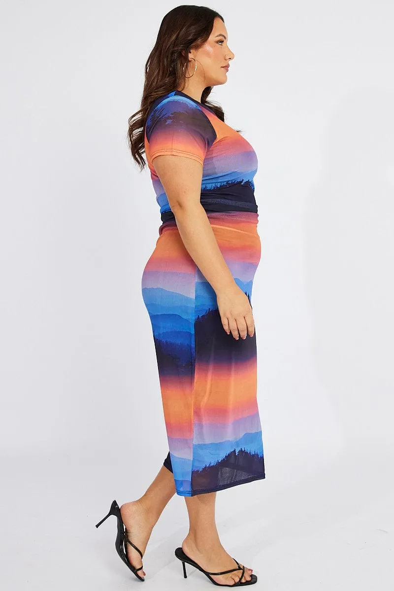 Vibrant Hue Sweetheart-Neck Multi Abstract Bodycon T-shirt Landscape Midi Dress