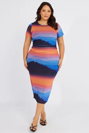 Urban Edge Multi Abstract Bodycon T-shirt Landscape Midi Dress