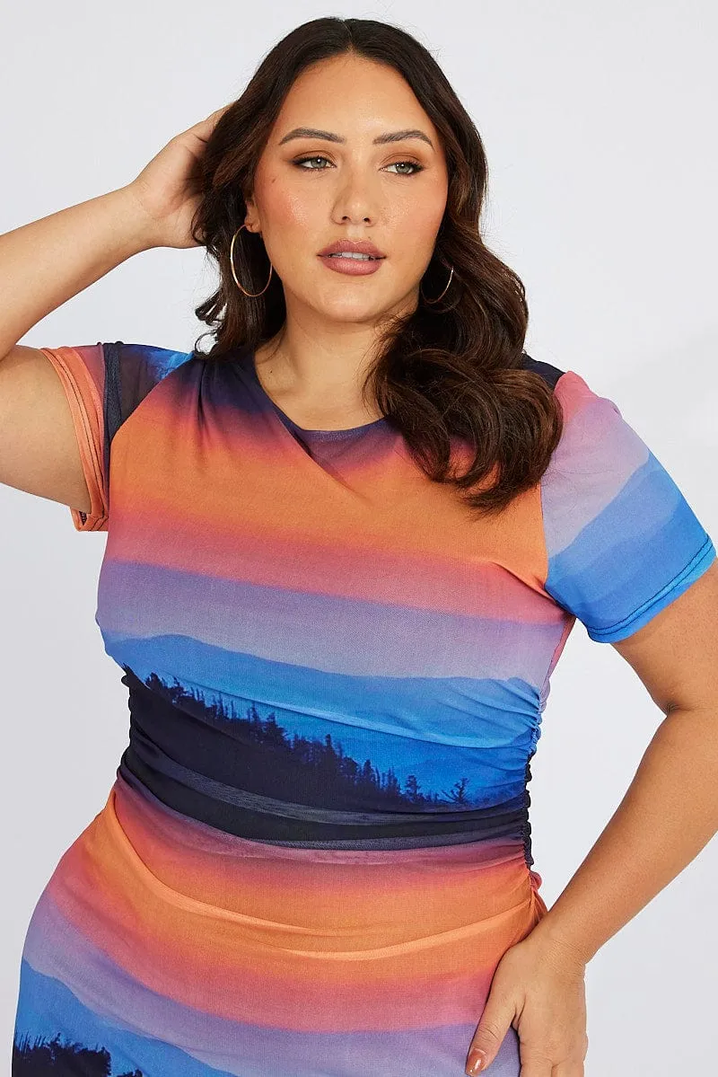 Chain-Detail Balanced Tone Multi Abstract Bodycon T-shirt Landscape Midi Dress