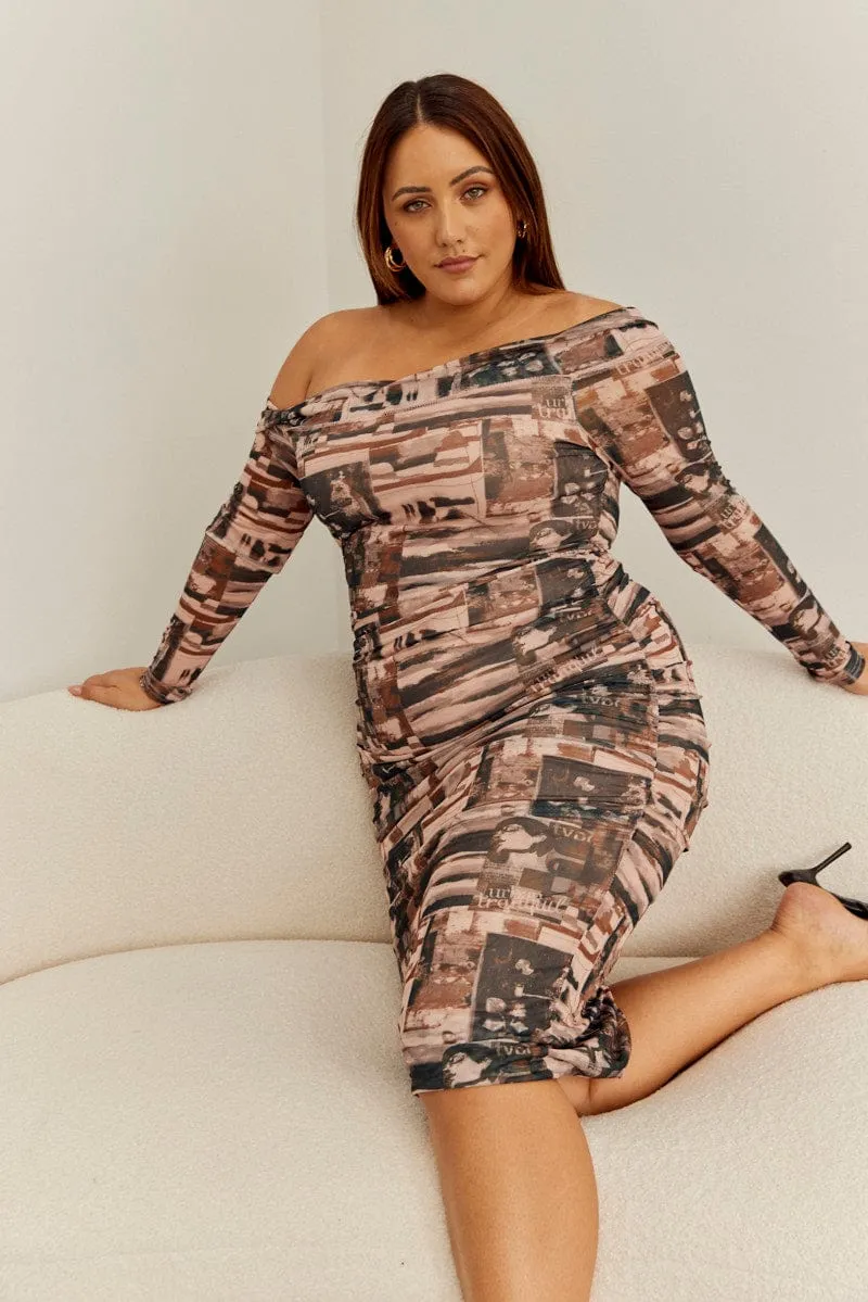 Playful Twist Multi Abstract Midi Dress Bodycon Mesh Off Shoulder