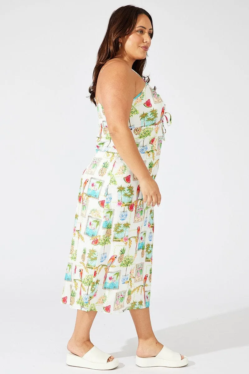 Multi Abstract Midi Dress Drawstring Front Holiday Print Chic Rhythm