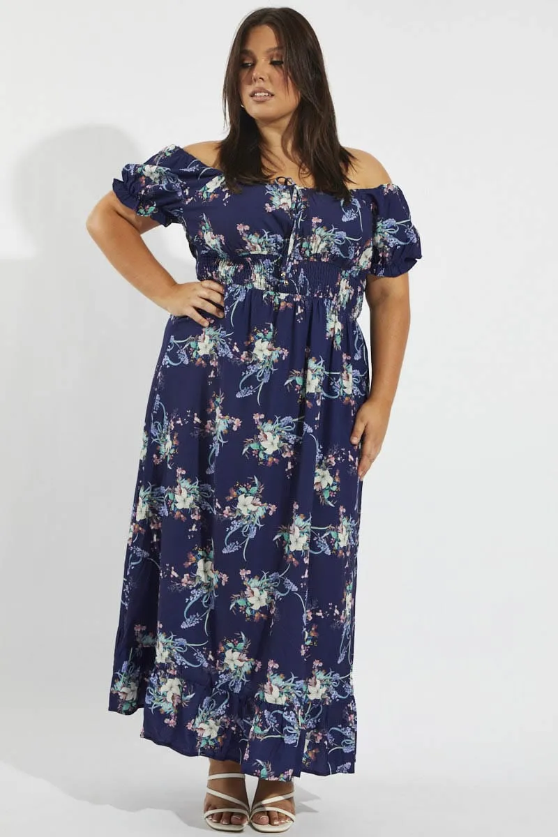 ConvertibleNeckline Multi Floral Tie Front Shirred Waist Midi Dress