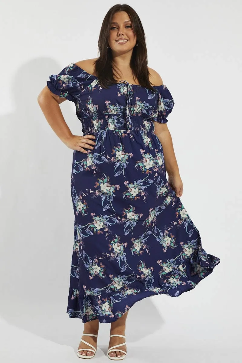 Linen-Blend Multi Floral Tie Front Shirred Waist Midi Dress