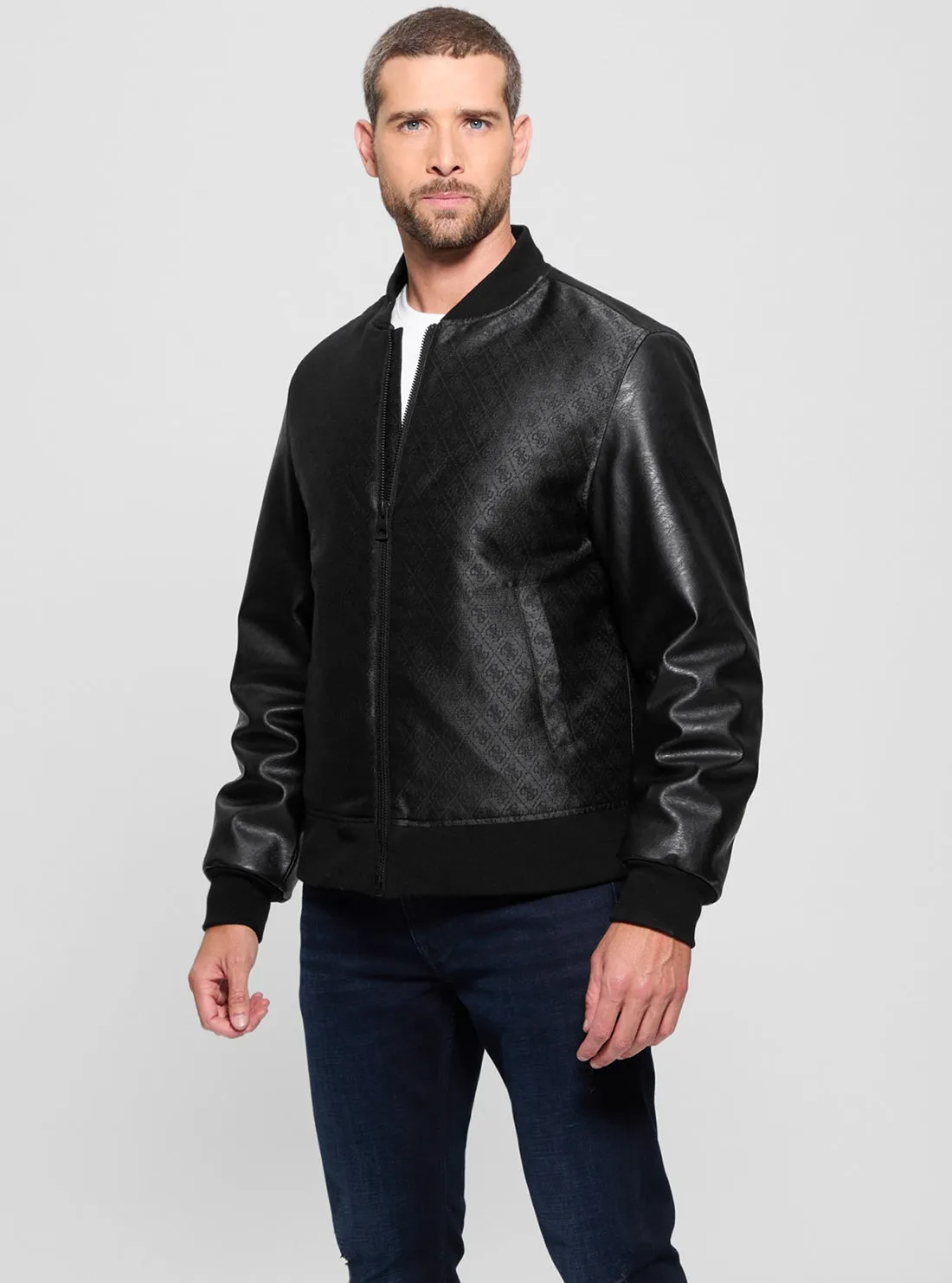 Black Logo Varsity Bomber Jacket Thermal Insulation Abrasion Resistant Trim