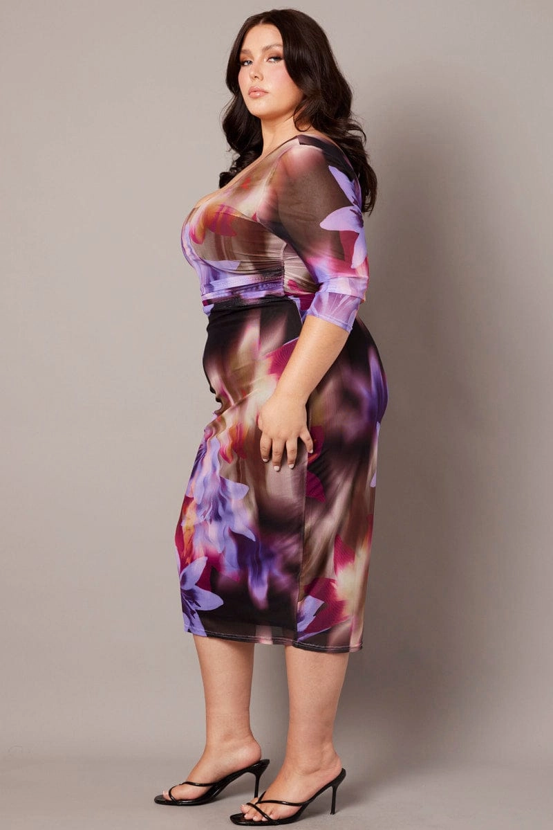 Light Base Trendy Layering Multi Abstract Mesh Scoop Neck Short Sleeve Dress