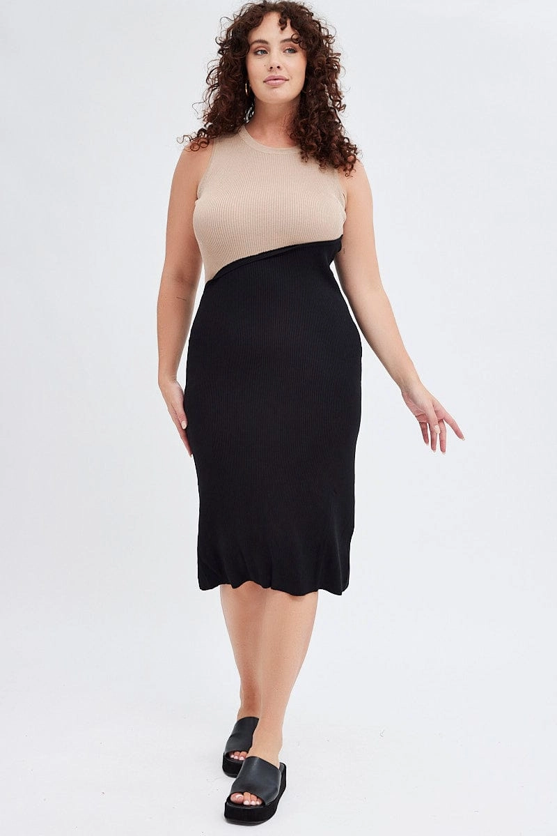 Multi Bodycon Dress Sleeveless Round Neck Spliced Knit Satin Layers