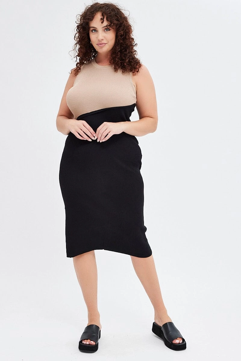 Multi Bodycon Dress Sleeveless Round Neck Spliced Knit Evening Ready Draped-Style