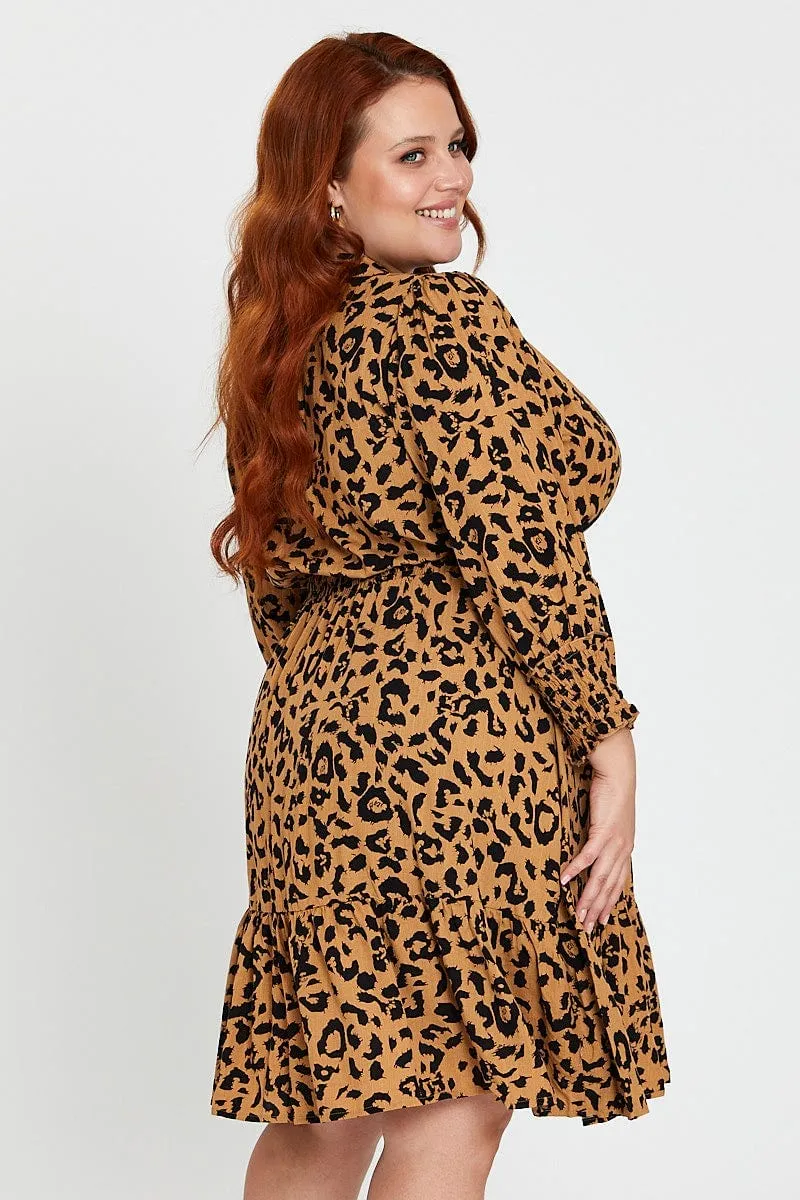 Animal Print Midi Dress V-neck Long Sleeve Soft Vibes Playful Cut