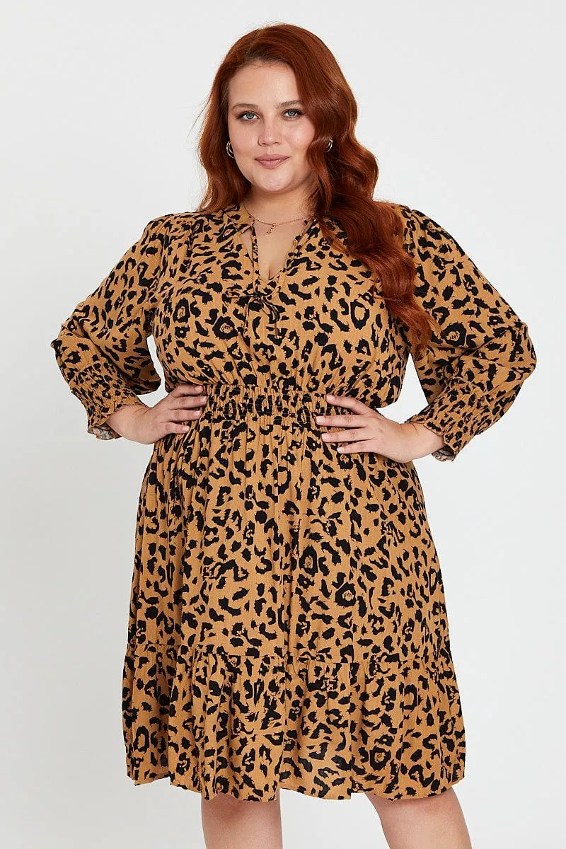 Animal Print Midi Dress V-neck Long Sleeve Weekend Feel