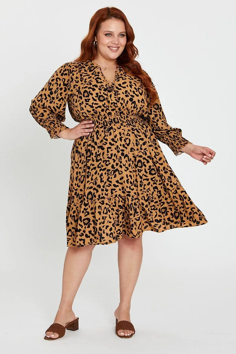 Animal Print Midi Dress V-neck Long Sleeve Sheer Overlay Minimal Comfort