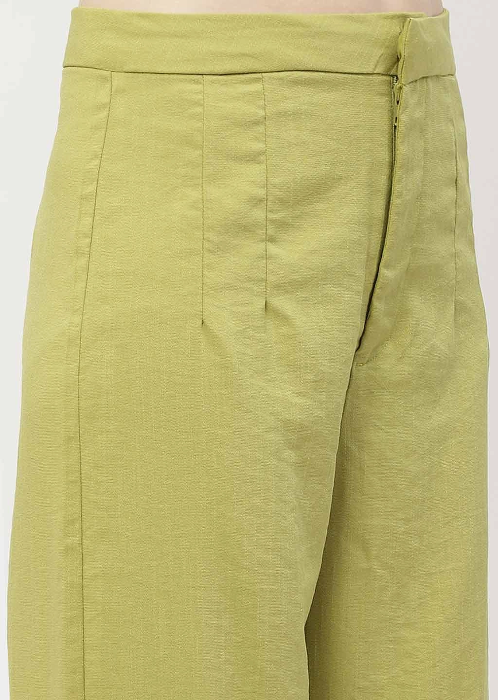 Madame Solid Apple Green Folded Hem Trouser Sustainable Fabric Body shaping