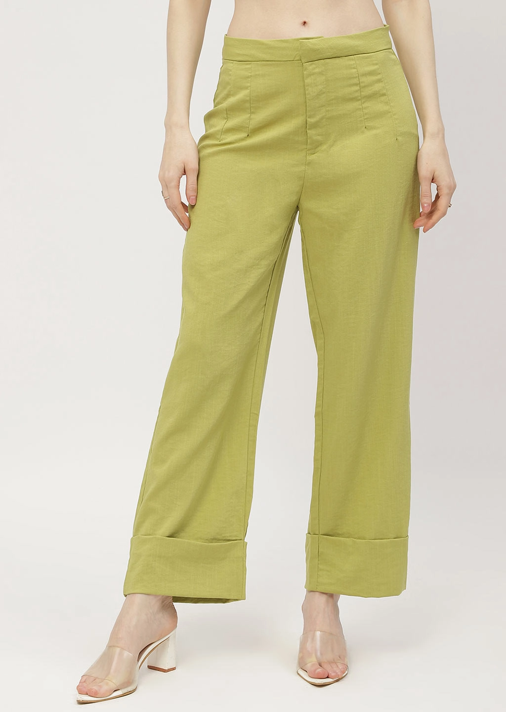 Madame Solid Apple Green Folded Hem Trouser Minimal Stretch Fit Comfy Feel