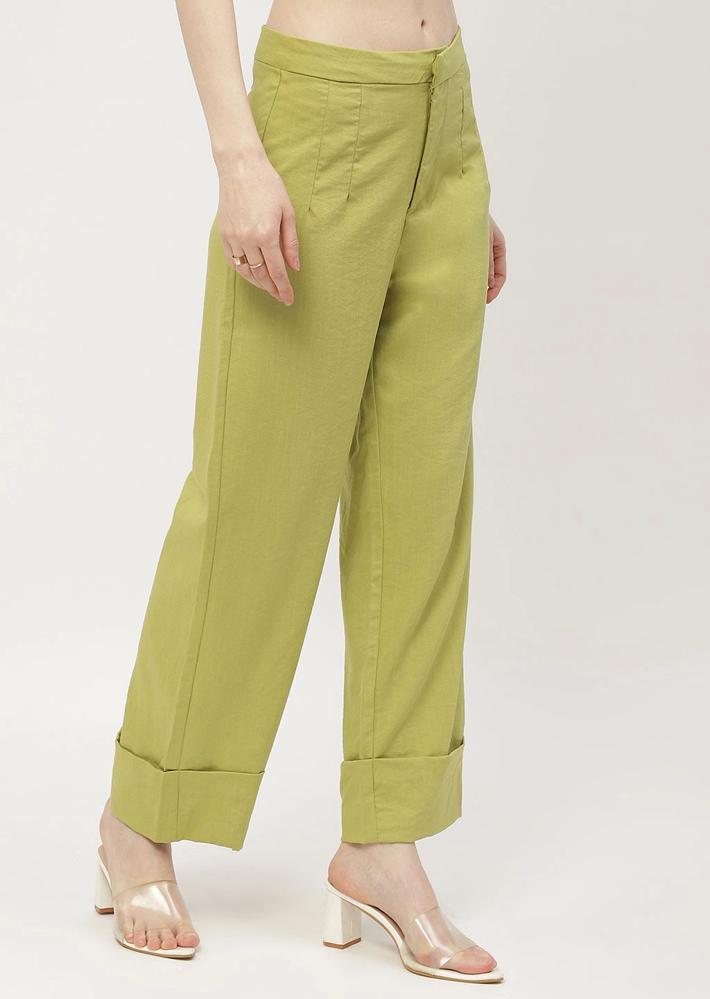 Madame Solid Apple Green Folded Hem Trouser Machine washable Shape Flex