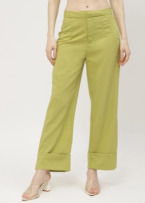Madame Solid Apple Green Folded Hem Trouser Minimal Stretch Fit Comfy Feel