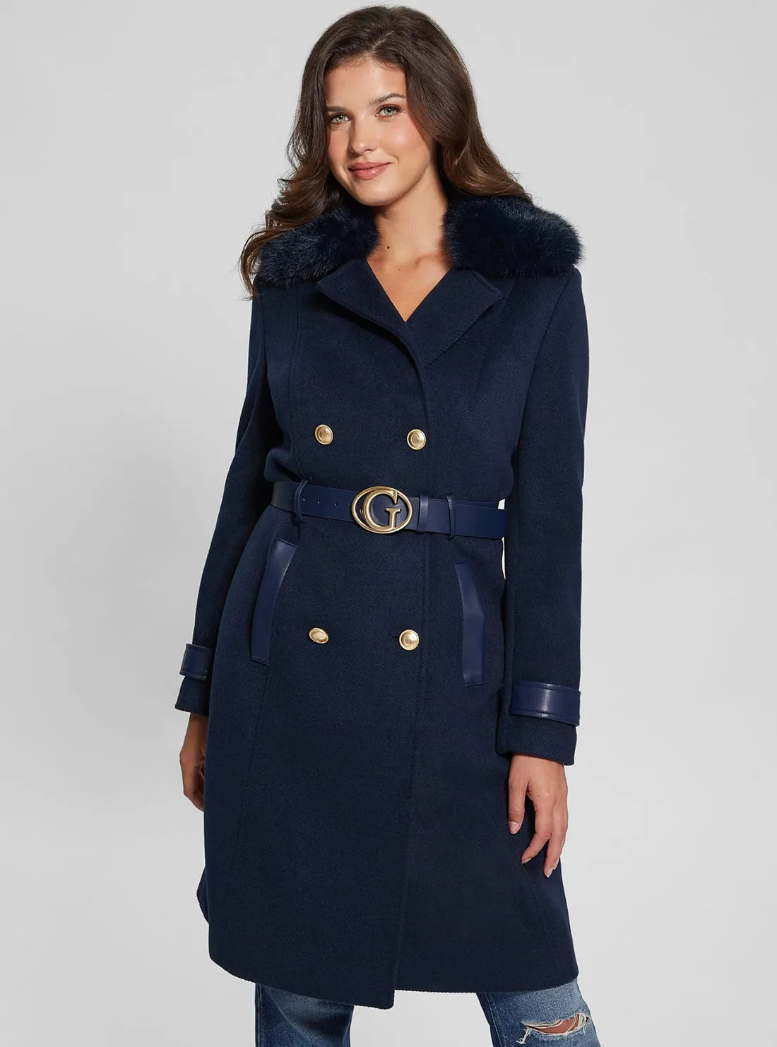 Navy Amelia Belted Coat Zippered Pockets heavy duty fabric