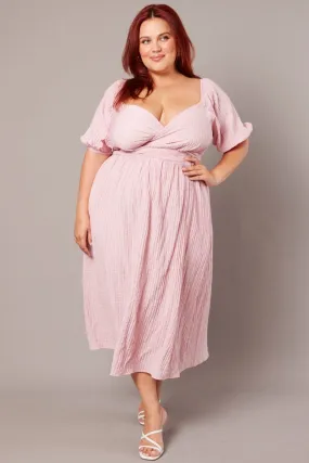 Light Weight Pink Midi Dress Textured Wrapover Elastic Waist Detail