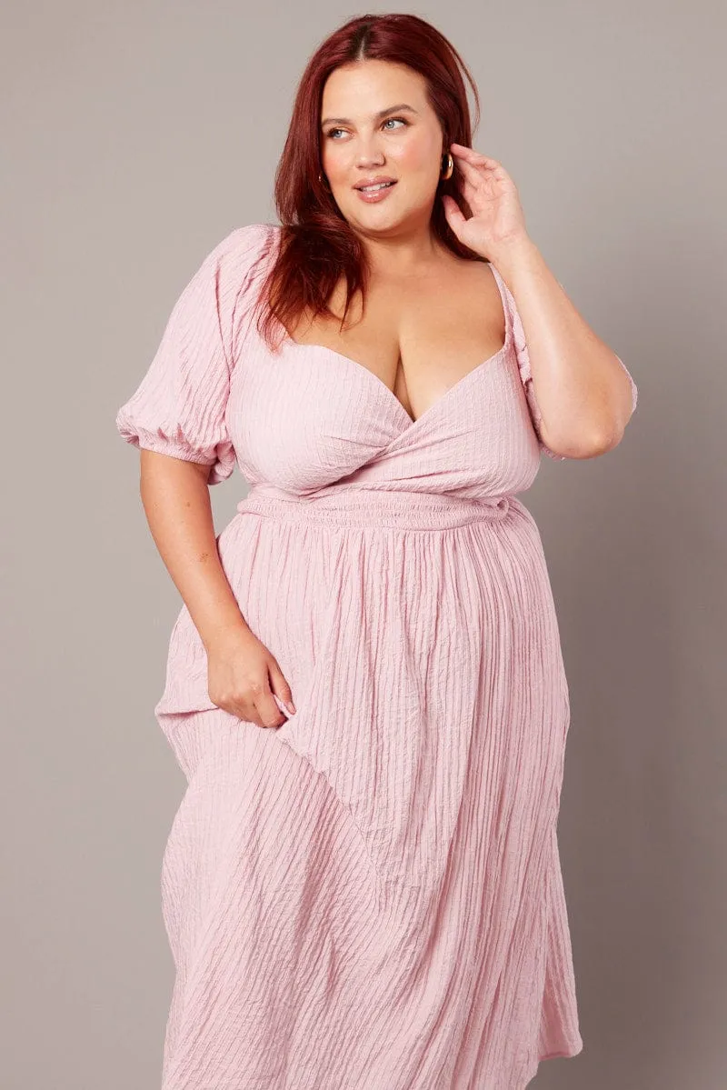 Pink Midi Dress Textured Wrapover Elastic Waist Detail Bloom Zone