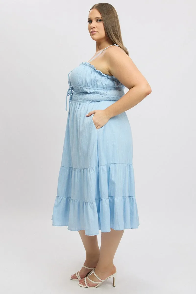 Clean Base Blue Midi Dress Sleeveless Tie Front Tiered Textured