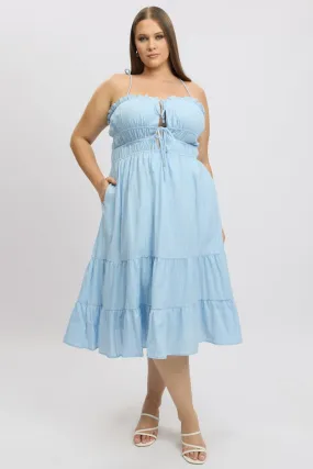 Blue Midi Dress Sleeveless Tie Front Tiered Textured Dreamy Layers