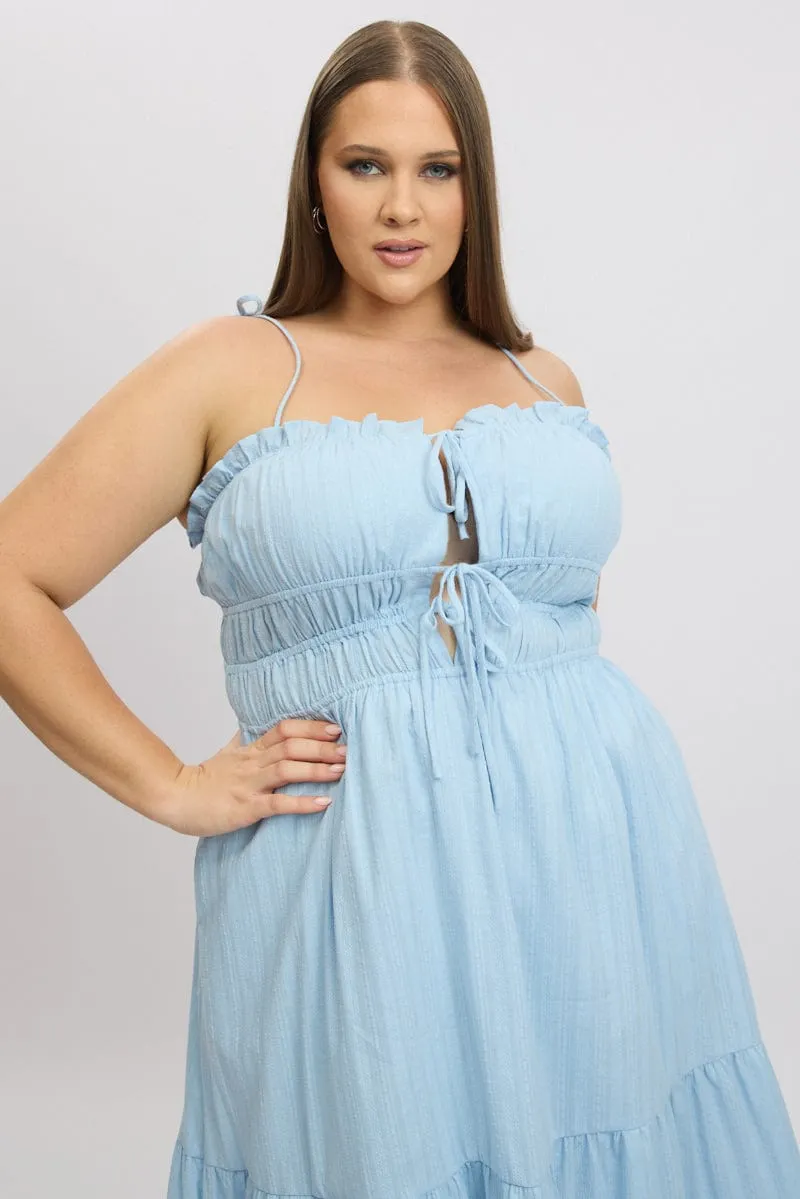 Polished look dress Blue Midi Dress Sleeveless Tie Front Tiered Textured