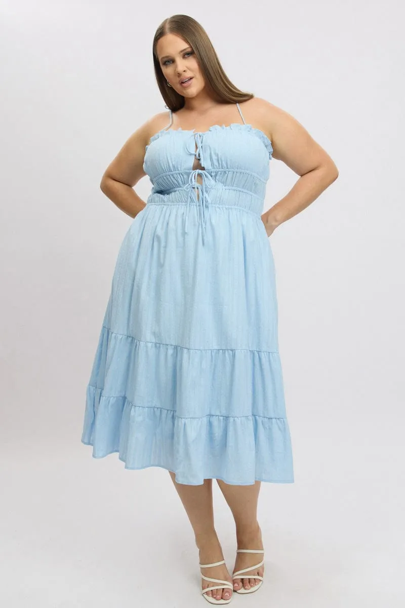 Blue Midi Dress Sleeveless Tie Front Tiered Textured Clasp-Closure LightweightMaterial