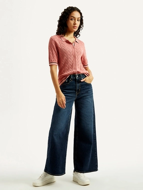 Women's 728 Dark Blue Flared Fit Mid Rise Jeans clean look Bold Road Trip