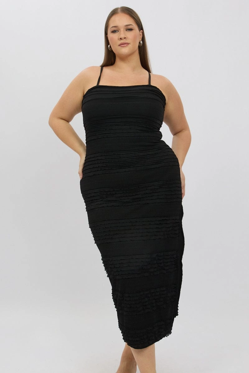 Soft Contour Mix-And-Match Black Textured Frill Scoop Neck Bodycon Maxidress