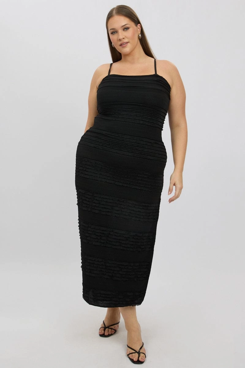 Sophisticated Tailoring Black Textured Frill Scoop Neck Bodycon Maxidress
