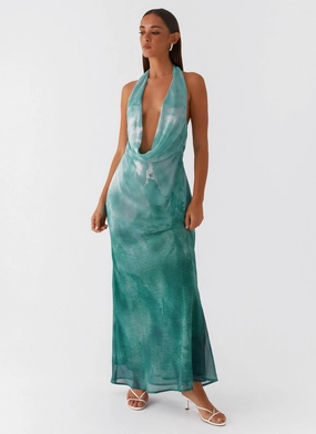 Soft Lines Nerissa Cowl Neck Maxi Dress - Green Tie Dye