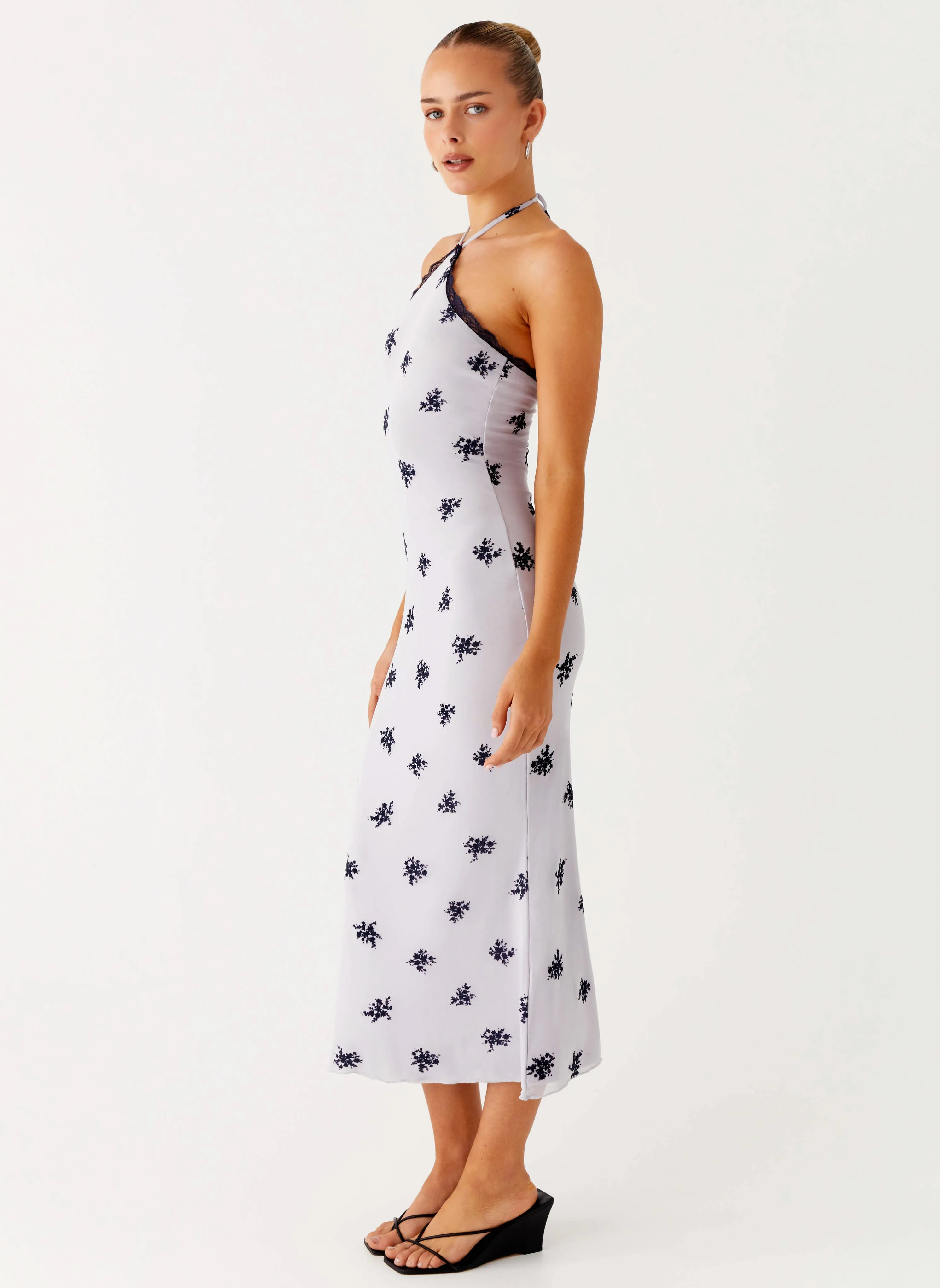 Monochrome Mood perfect for events Nestel Flock Halter Midi Dress - Lilac