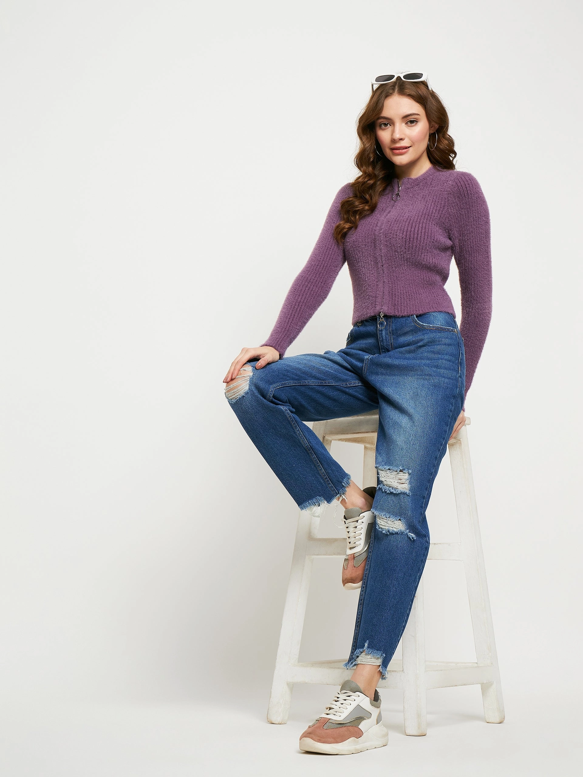 Madame Blue Straight Fit Distressed Jeans Relaxed Fit Waist Smart Casual Classic Wear