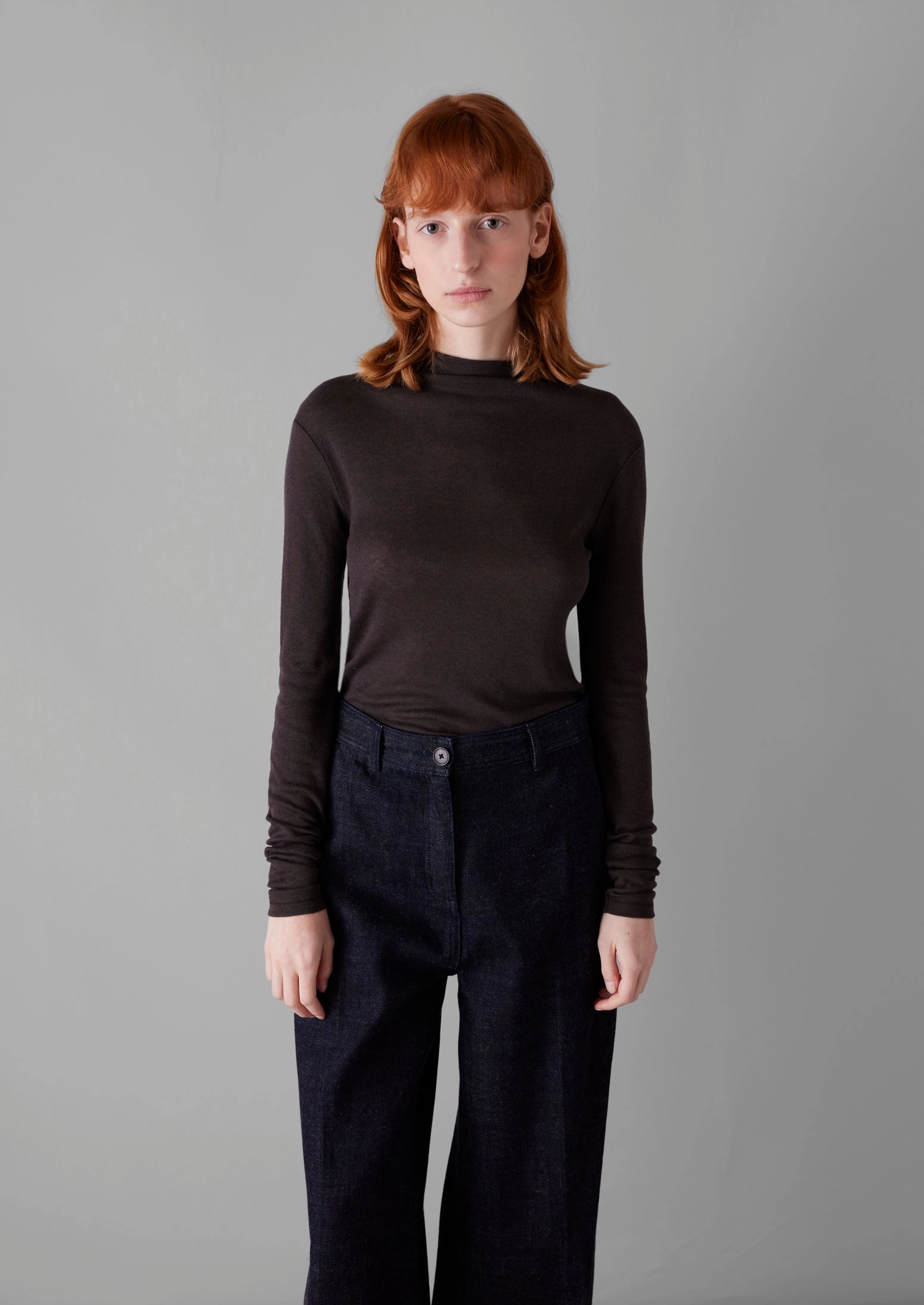 Aster High Neck Wool Lyocell Tee | Black Coffee Weighted Hem Design Contrast Stitch Detailing
