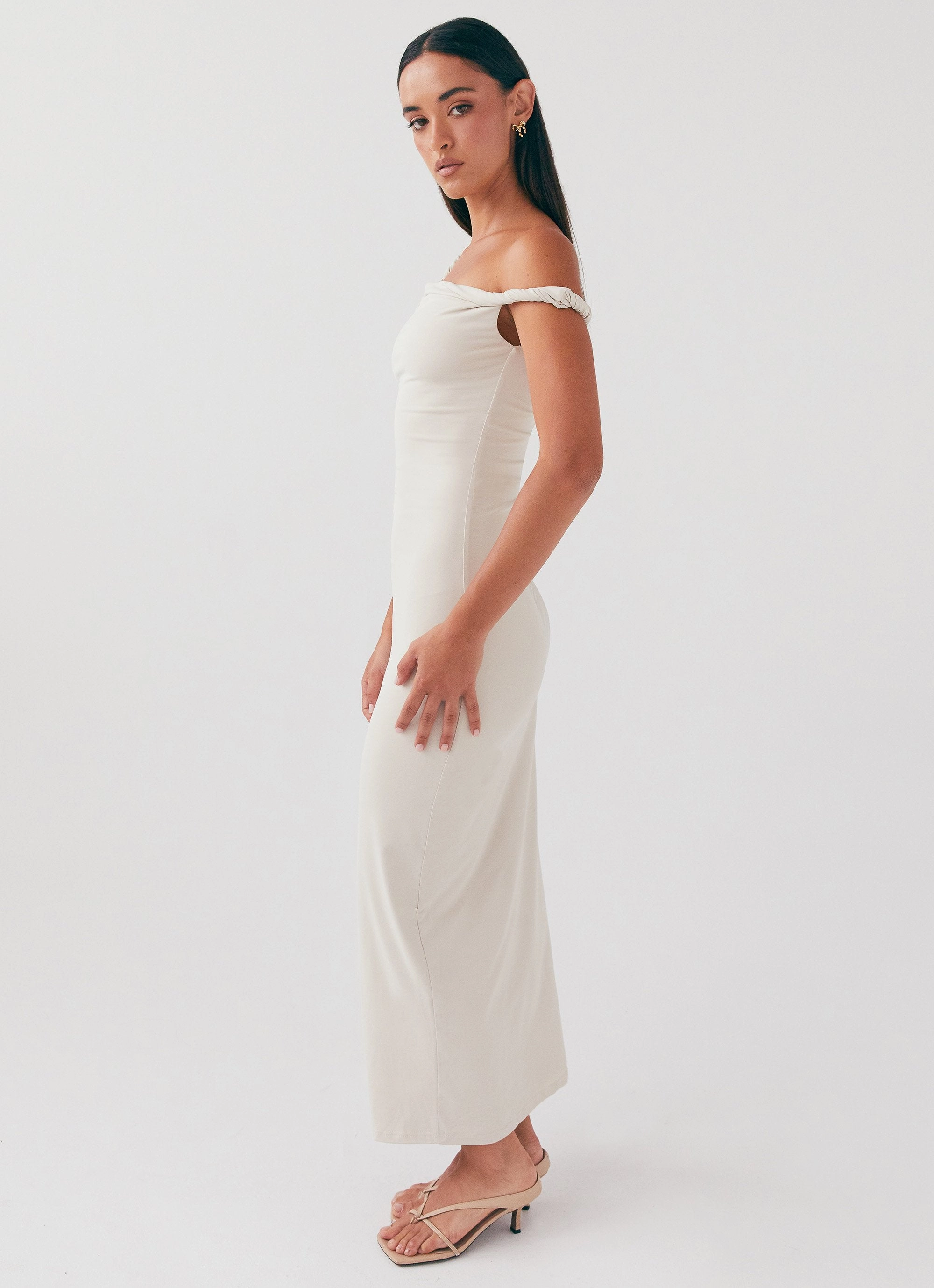 Soft Design Sleeveless Cut Arabella Twist Shoulder Maxi Dress - Beige