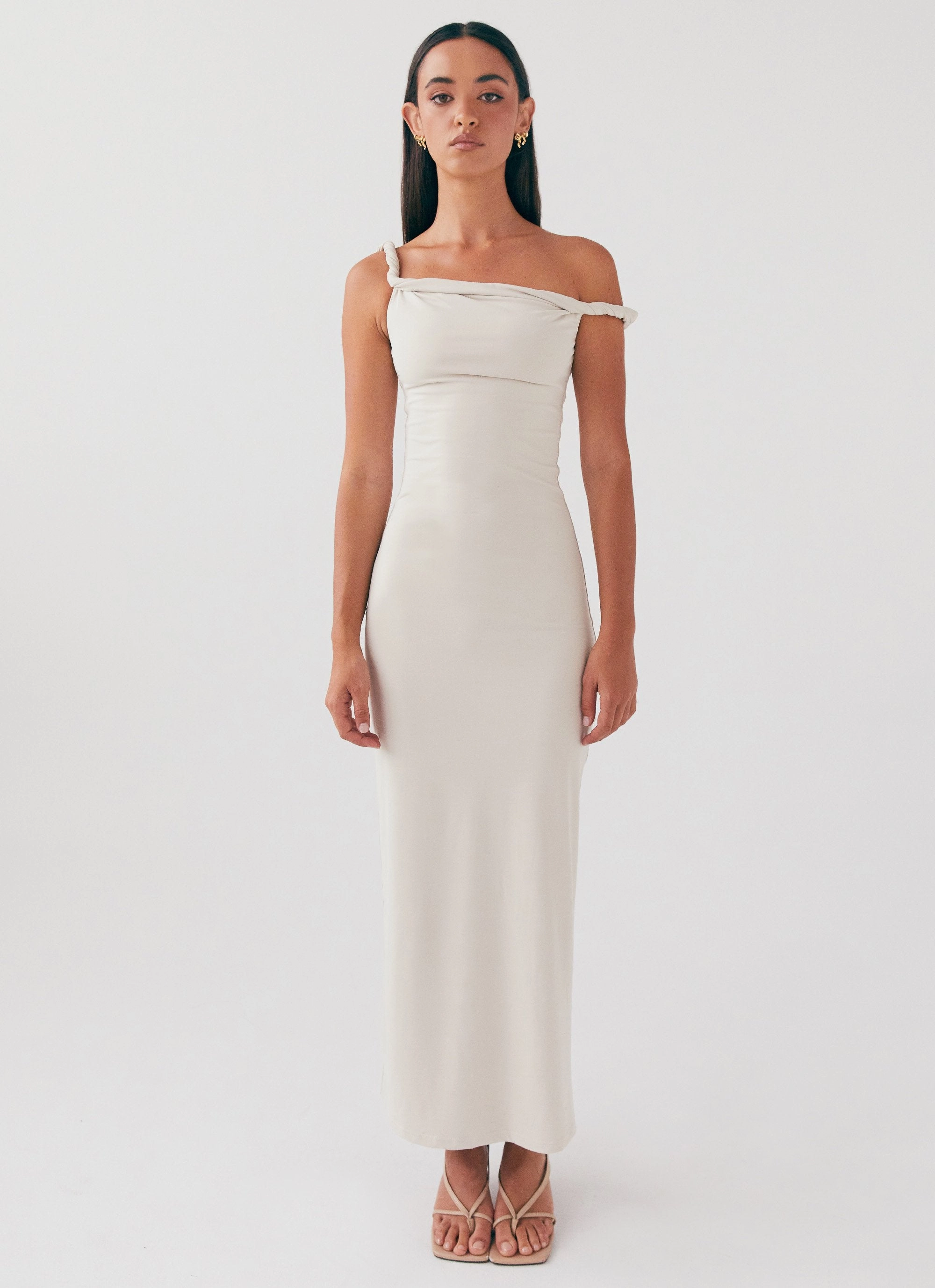 Arabella Twist Shoulder Maxi Dress - Beige Trend Smart