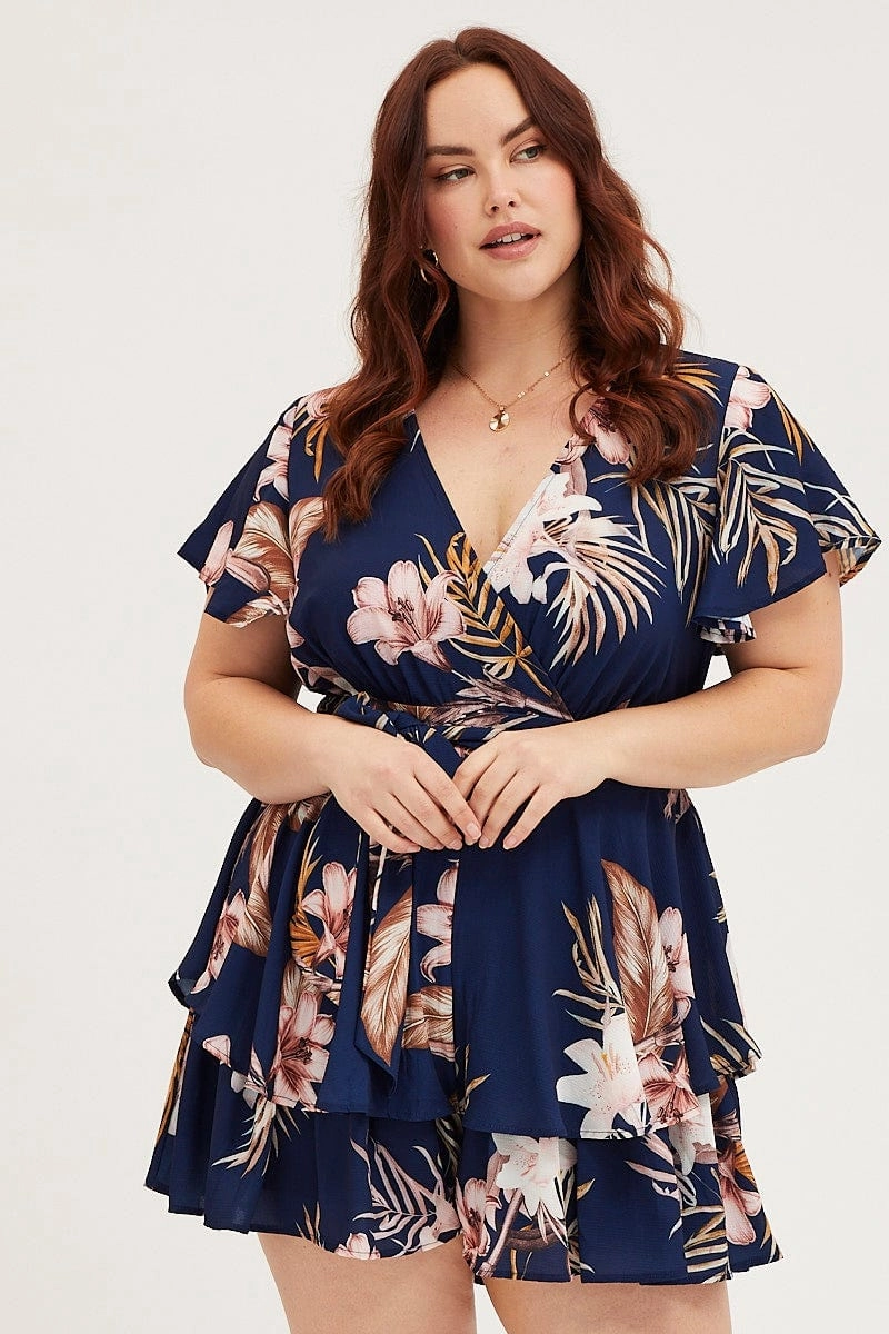 Floral Print Mini Playsuit Short Sleeve Flexible Mood
