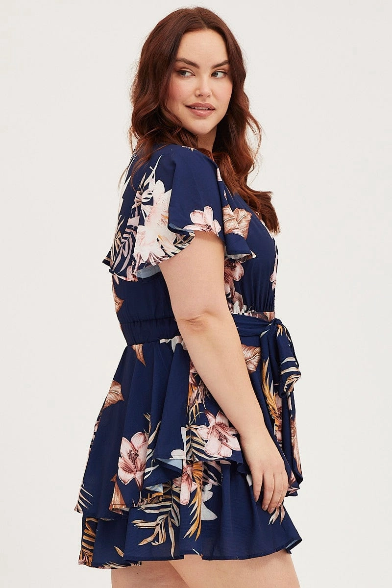 Floral Print Mini Playsuit Short Sleeve Flattering Lines Vibe Choice