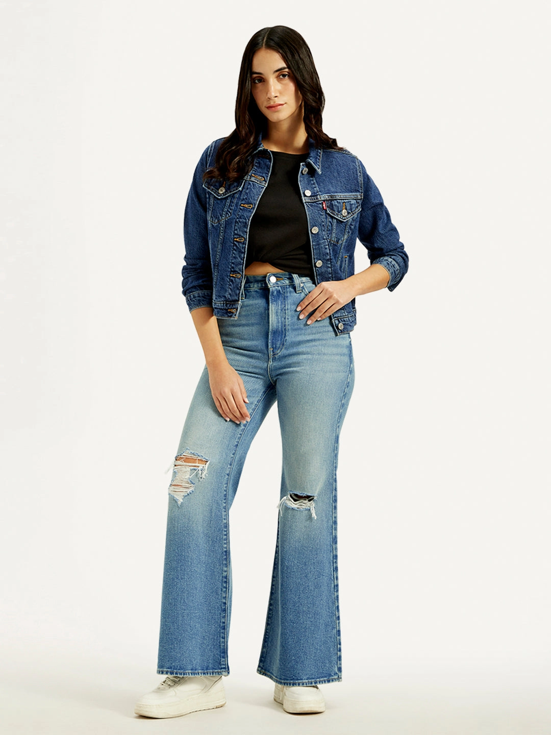 Women's Blue Ribcage Bell Bottom Wide Leg Fit High Rise Jeans Timeless Choice Everyday Favorite