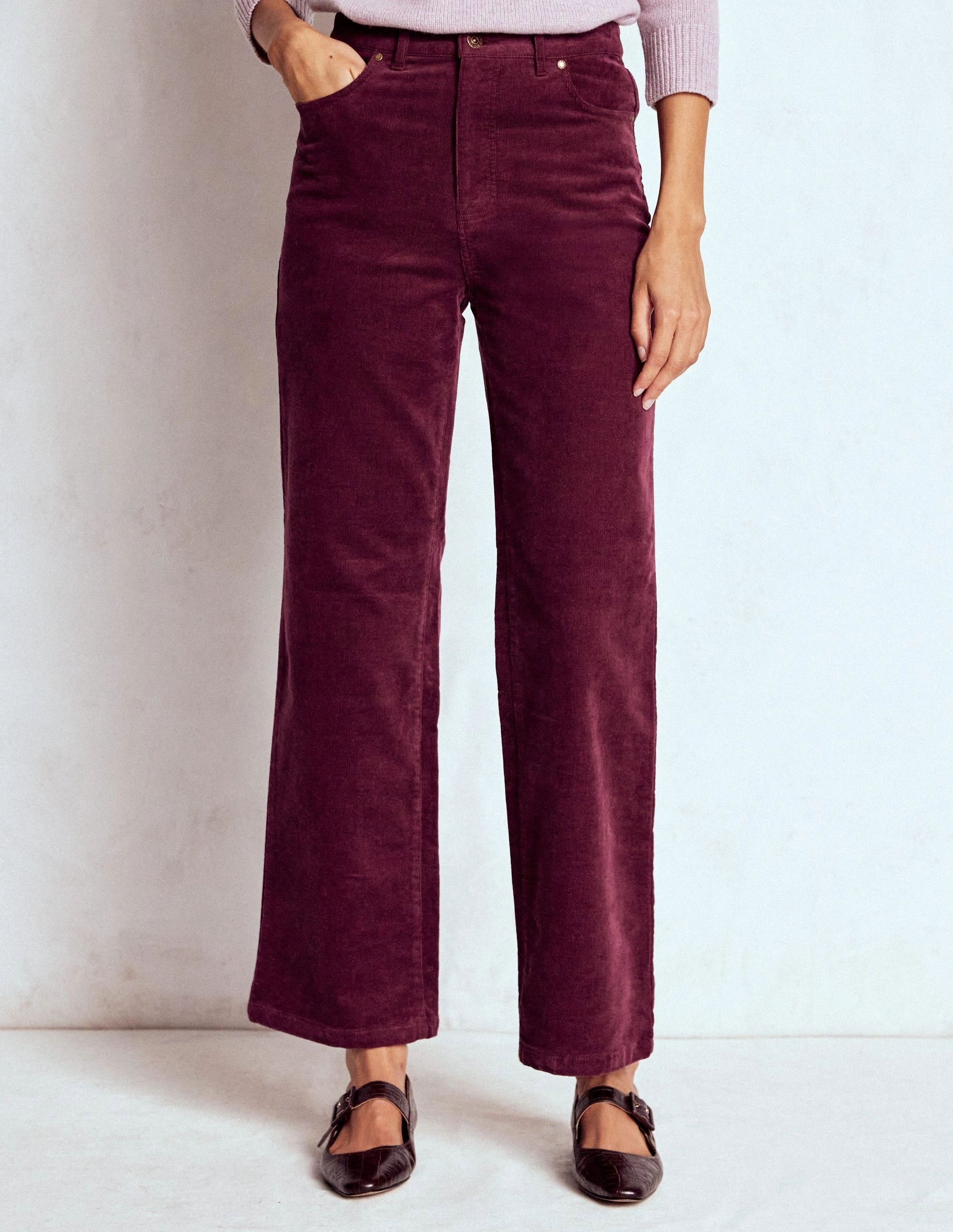 5-Pocket Cord Column Jeans-Burgundy Fit Flex Comfortable Leg