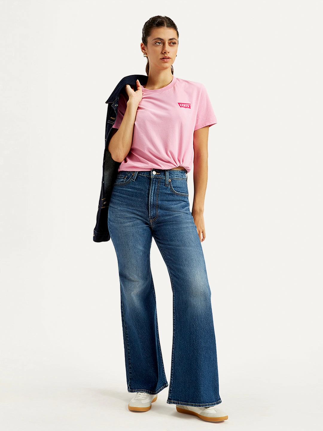 Chic Silhouette Women's Blue Ribcage Bell Bottom Wide Leg Fit High Rise Jeans