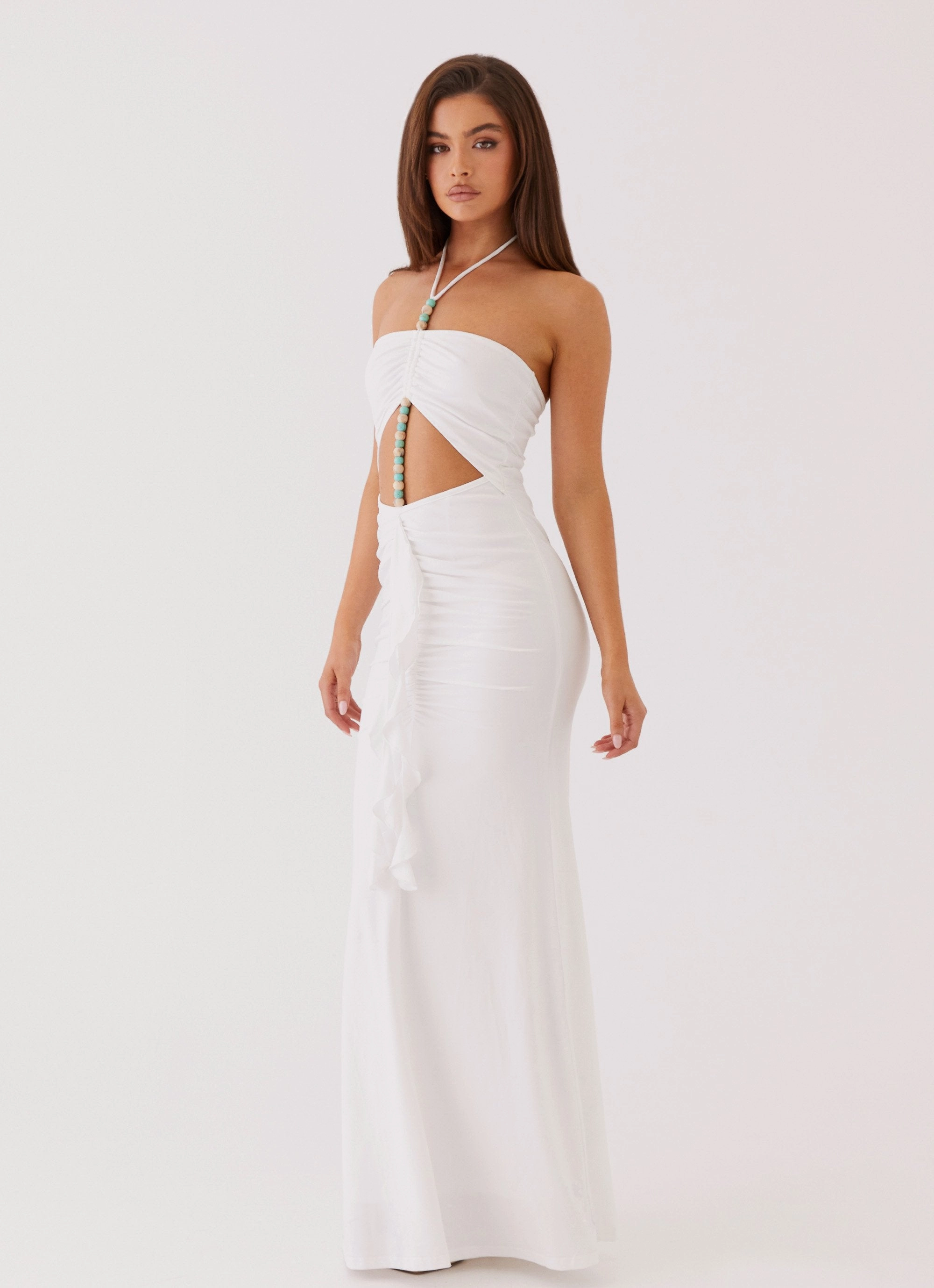 Serina Ruffle Maxi Dress - White Buckle-Detail Flawless Waist Fit