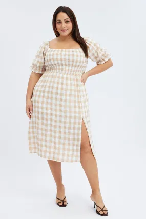 Nude Check Midi Dress Split Front Large Gingham Check Belted-Style Flexible Style