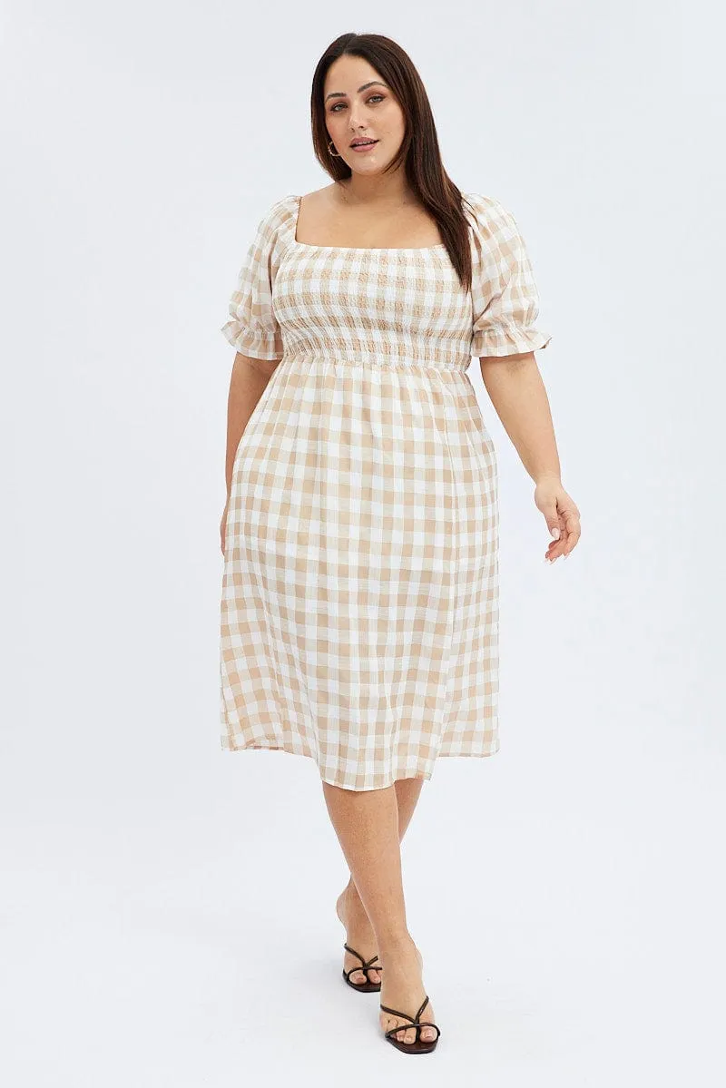Wide Hemline Nude Check Midi Dress Split Front Large Gingham Check