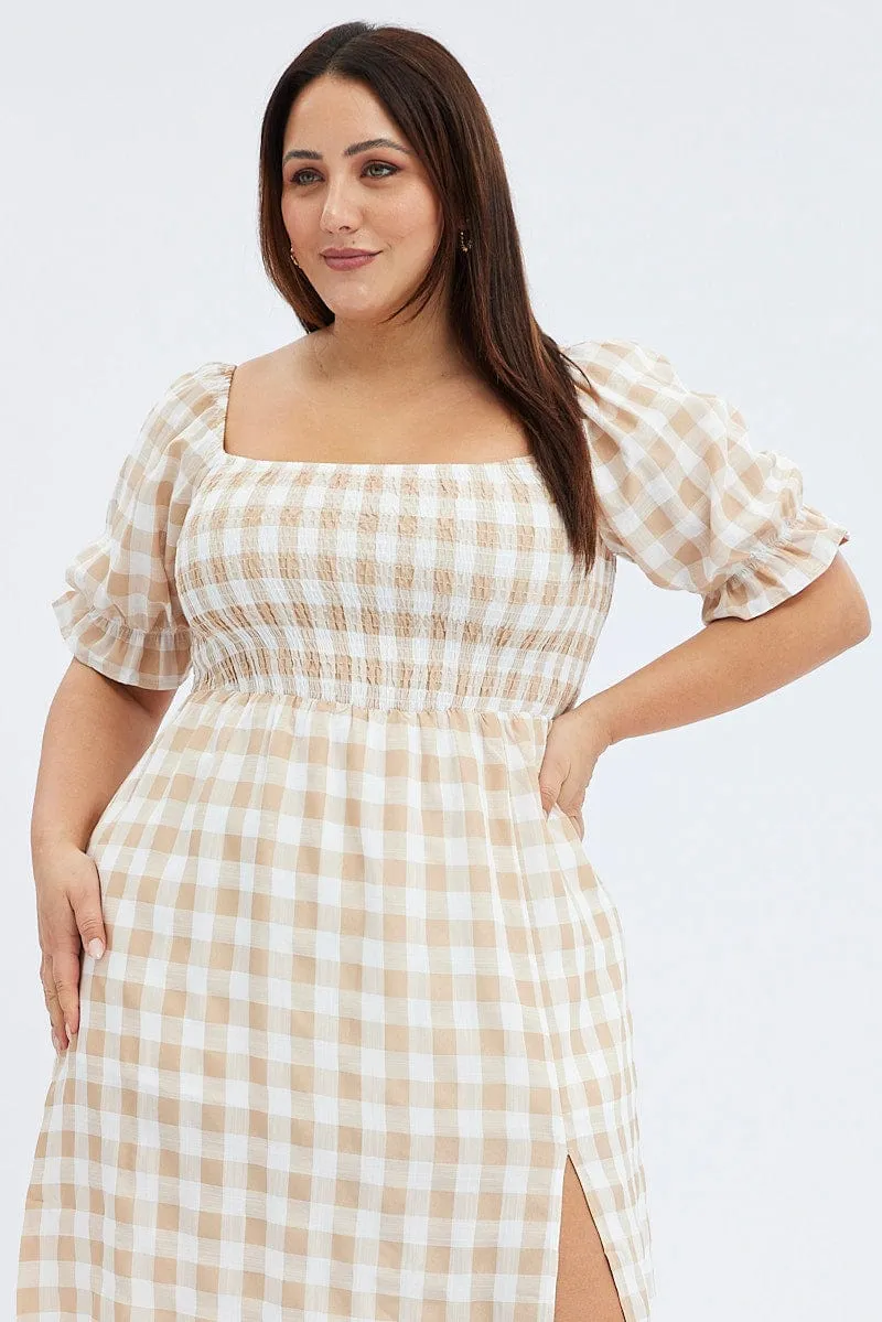 Elegant Waist Nude Check Midi Dress Split Front Large Gingham Check