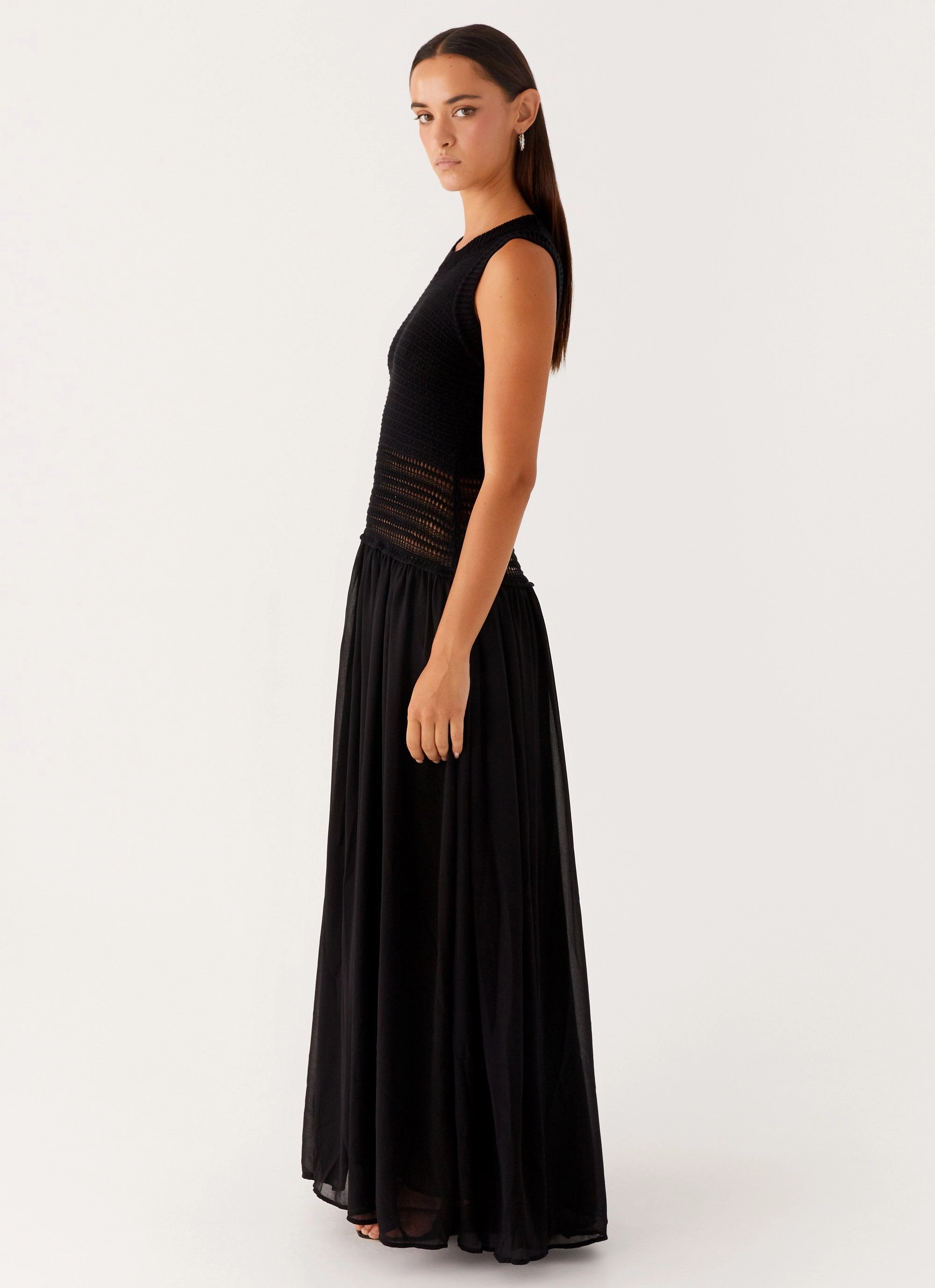Off Grid Crochet Maxi Dress - Black Smooth Lines Flattering and Effortless