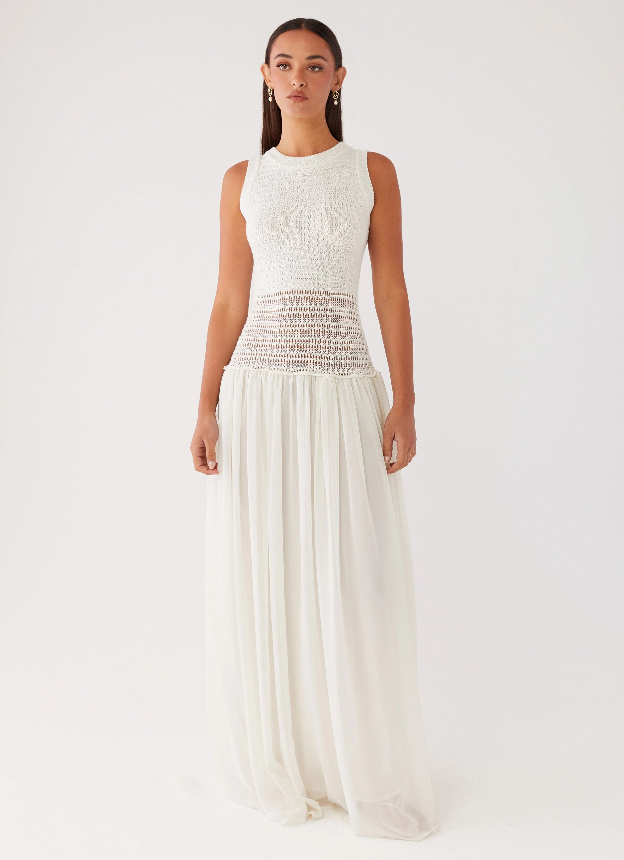 Off Grid Crochet Maxi Dress - White Brunch Tone
