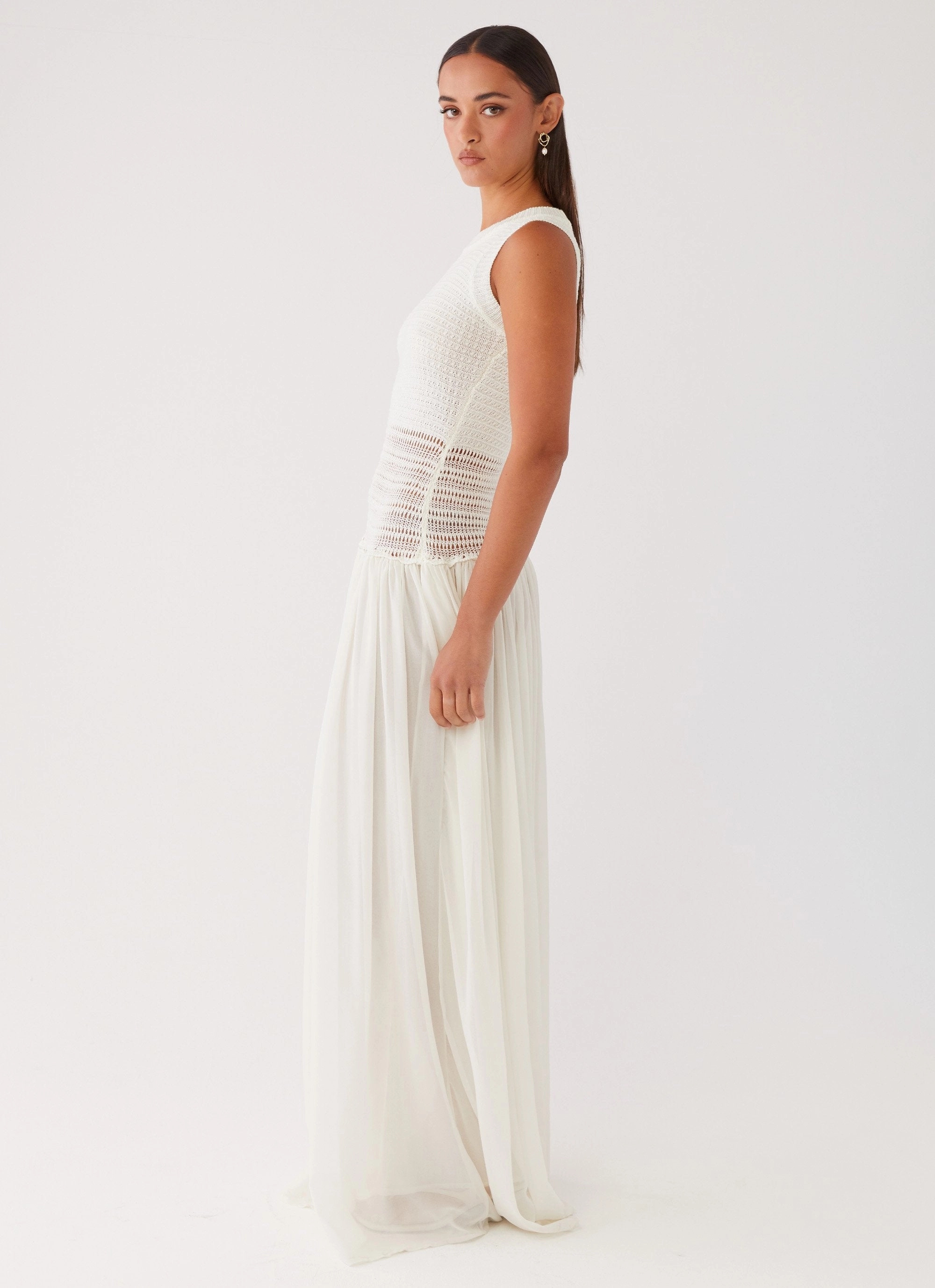 Off Grid Crochet Maxi Dress - White Body Positive Gathered-Detail