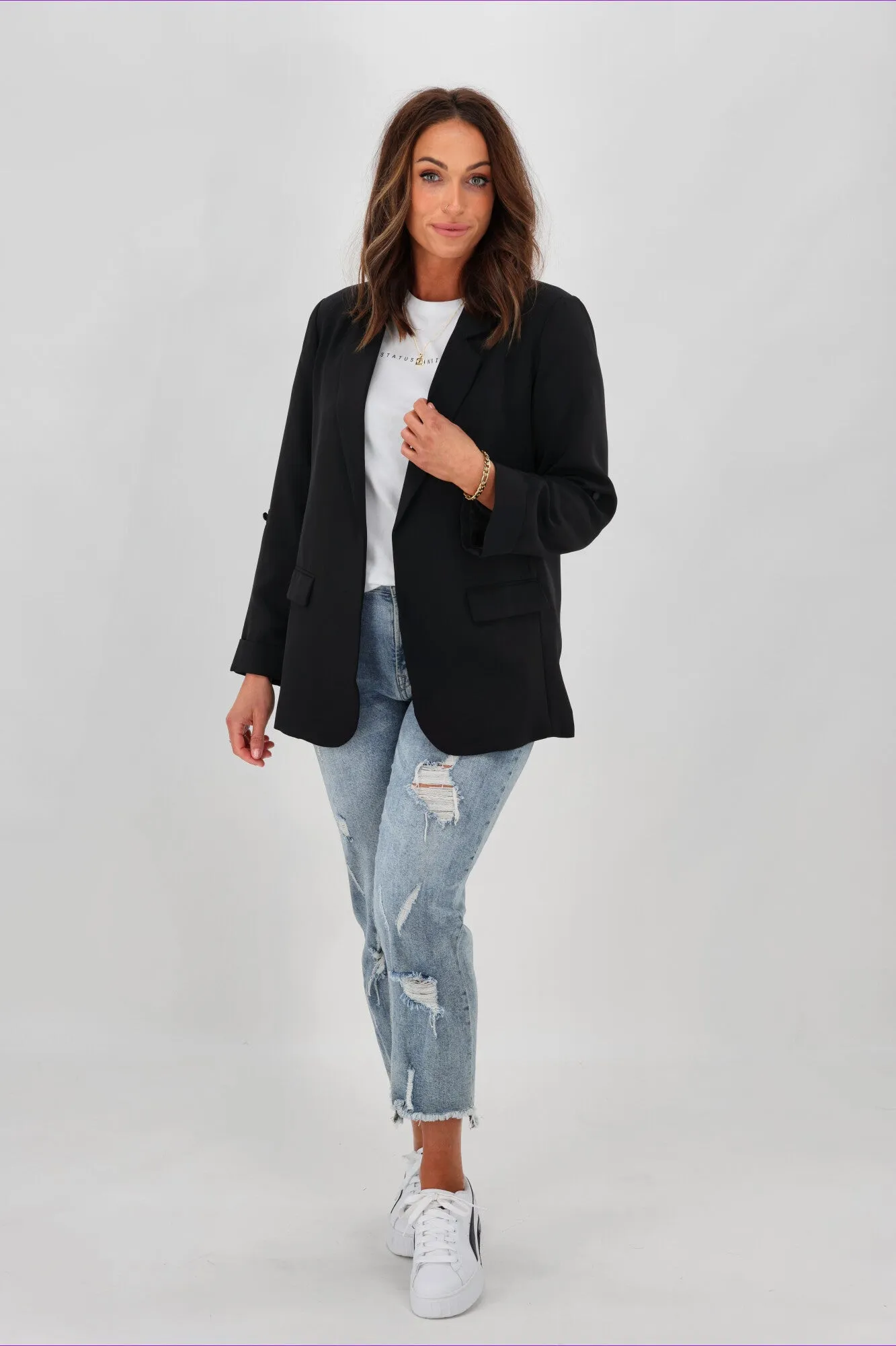 Gloss by Shine On Leone Blazer Black Sustainable Material Asymmetric Hemline