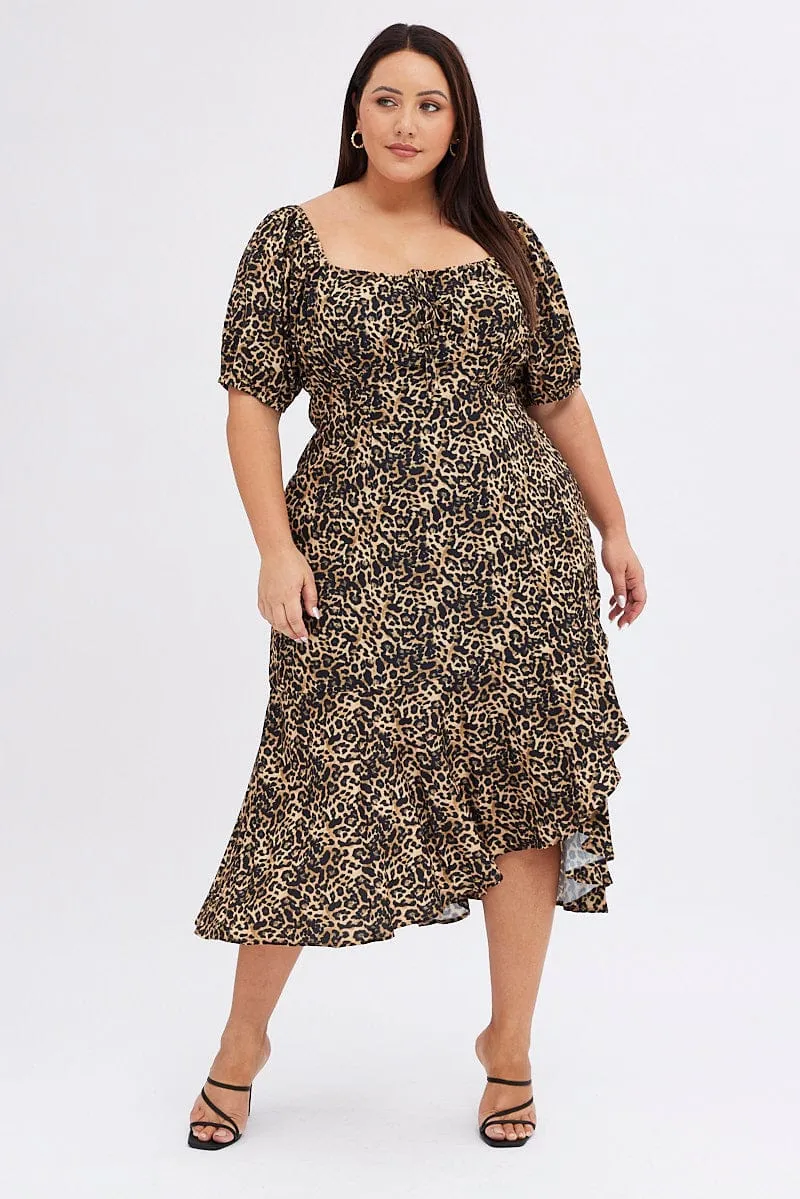 Everyday Piece Curve Friendly Brown Animal Print Midi Dress Short Sleeve Gathered Bust