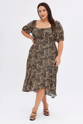 Brown Animal Print Midi Dress Short Sleeve Gathered Bust Family Glow