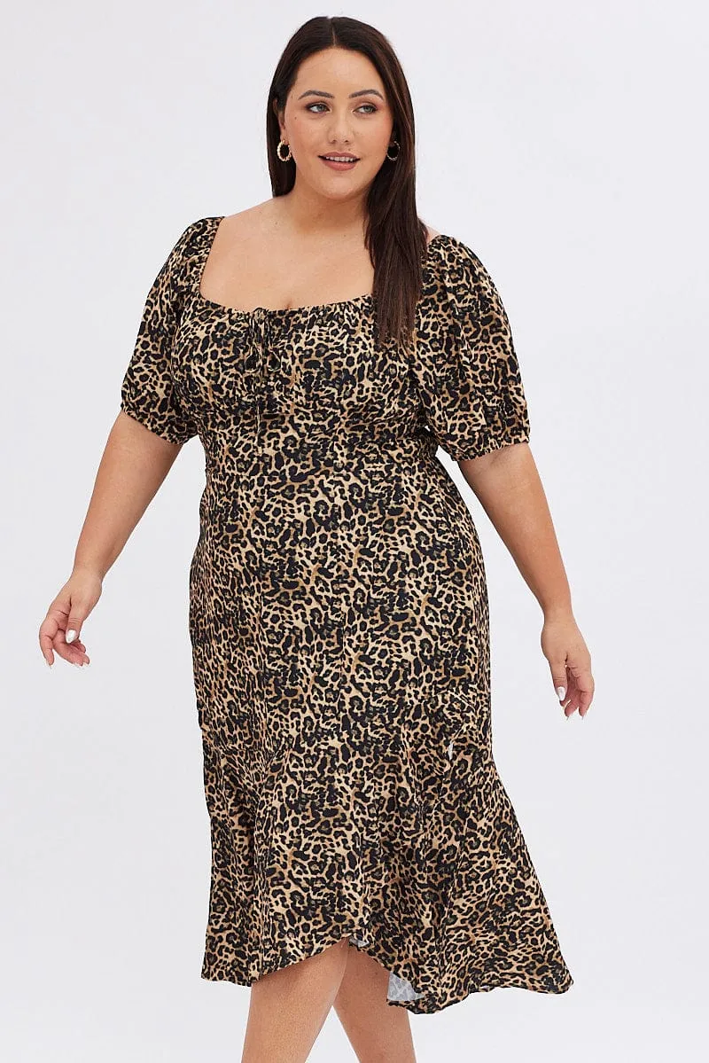 Brown Animal Print Midi Dress Short Sleeve Gathered Bust Pleated design